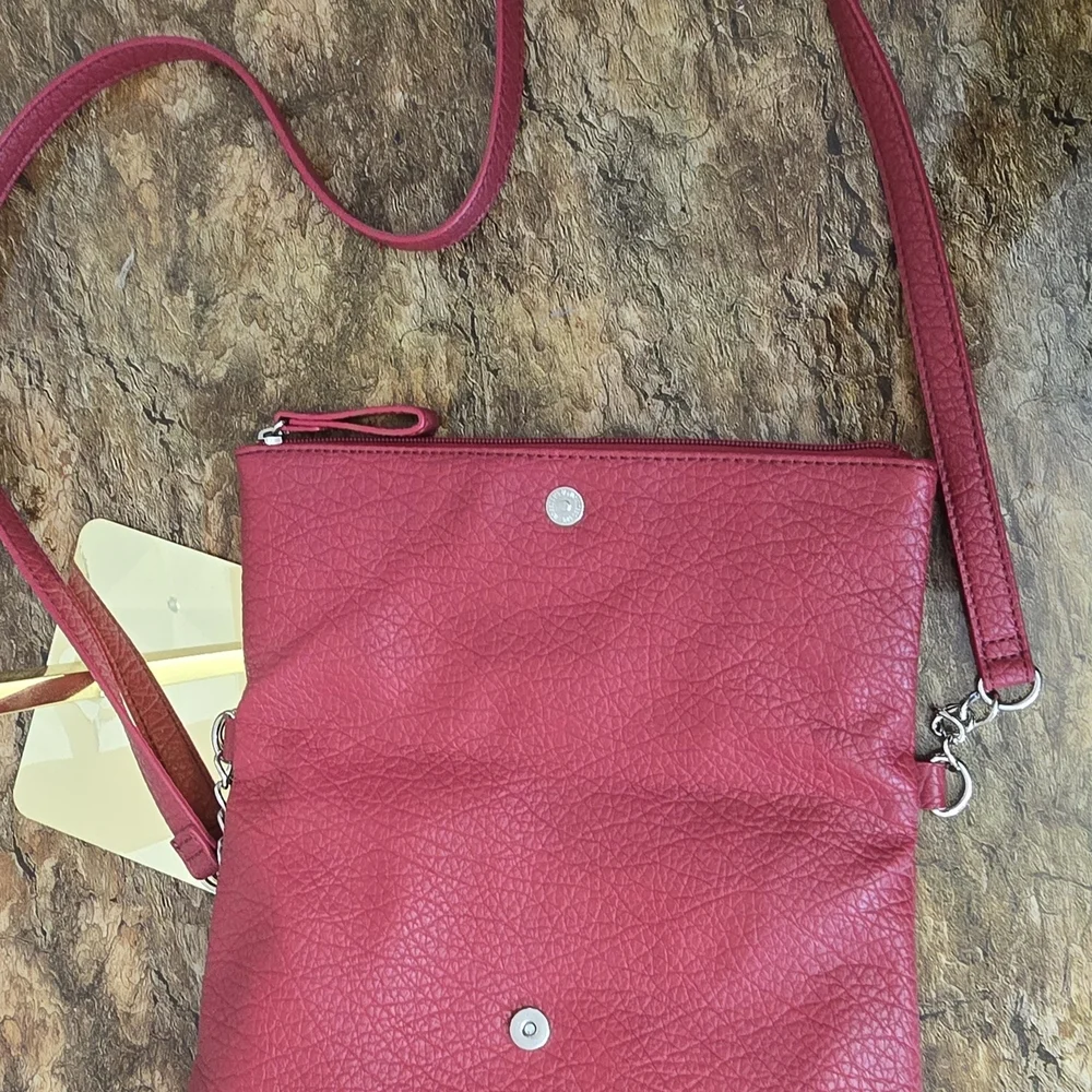 Nine West Red Pebbled Leather Crossbody Bag Foldover Clutch Convertible Purse